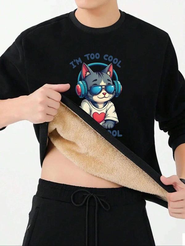 Men's Cartoon Cat & Letter Print Round Neck Sweatshirt, Regular Fit Casual Long Sleeve Crew Neck Pullover for Fall &...