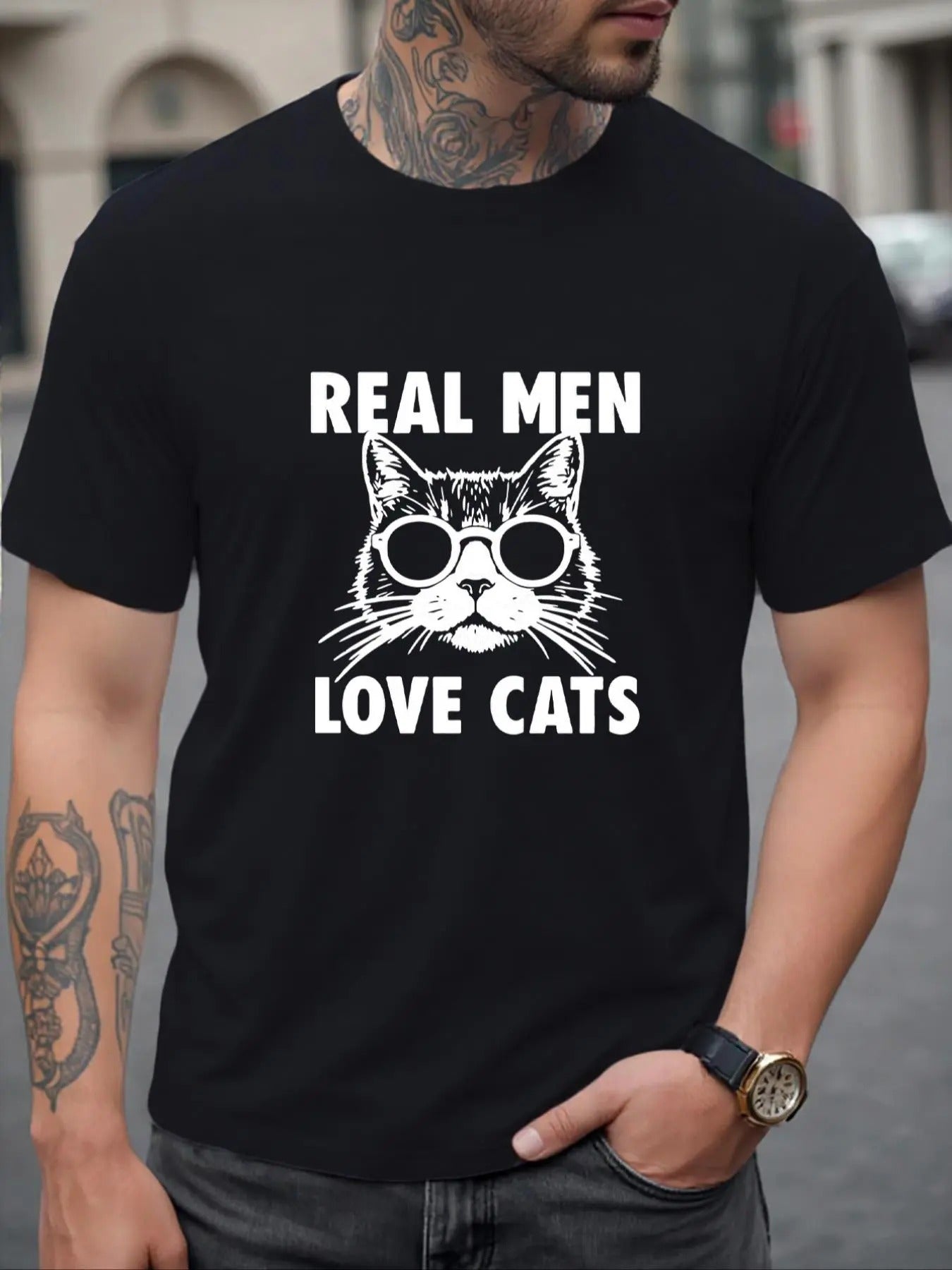 Men's Cartoon Cat & Letter Print Round Neck Tee, Regular Fit Casual Short Sleeve T-shirt for Daily Wear, Men's Top for...