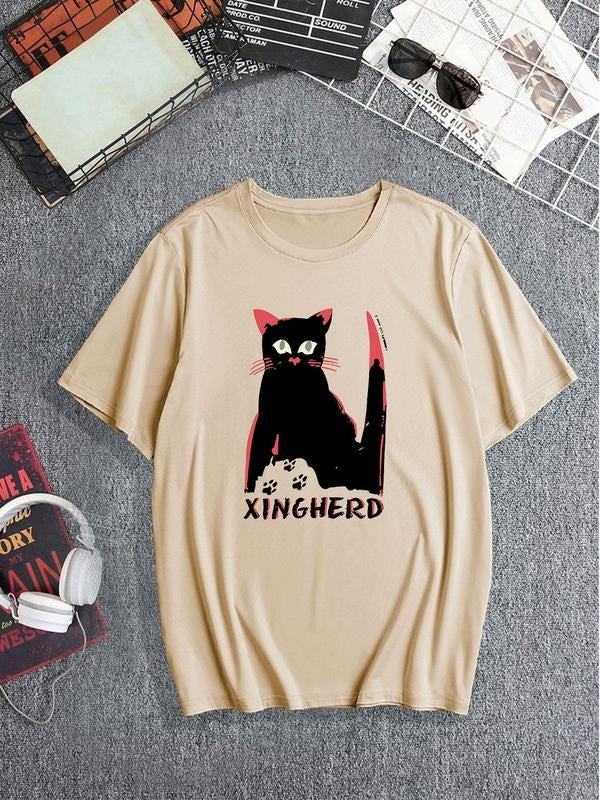 Men's Cartoon Cat Graphic Print Round Neck Tee, Regular Fit Casual Fashion Short Sleeve T-shirt, Men's Summer Top for...