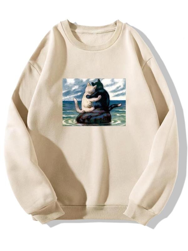 Men's Cartoon Cat Print Drop Shoulder Sweatshirt, Regular Fit Casual Soft Comfy Long Sleeve Round Neck Pullover for Fall...