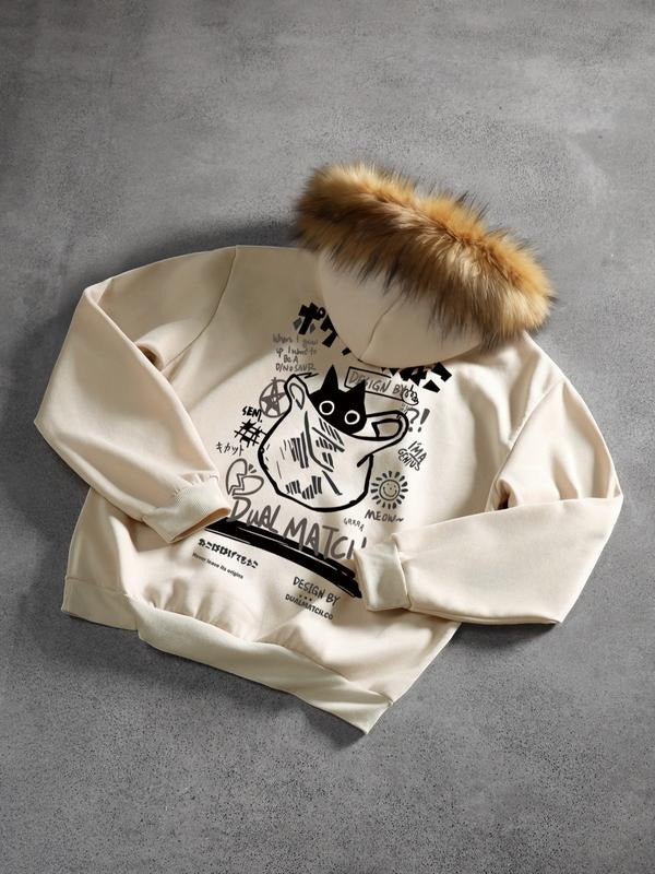 Men's Cartoon Cat Print Hoodie, Casual Long Sleeve Loose Fit, Fitted Style, Fall & Winter Wear, Daily Streetwear...