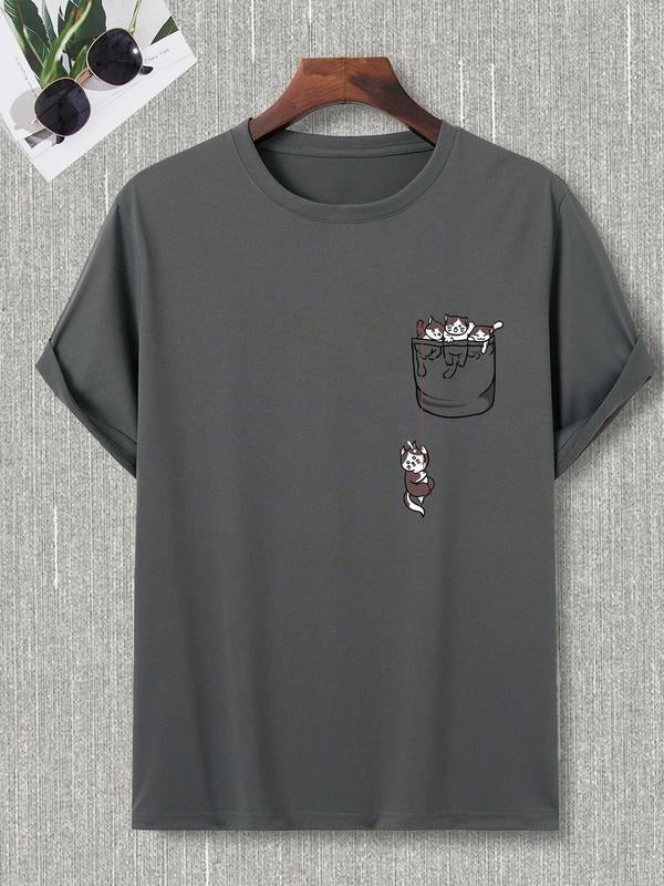 Men's Cartoon Cat Print Round Neck Tee, Casual Regular Fit Short Sleeve Crew Neck T-shirt for Summer, Men's Top for Daily...