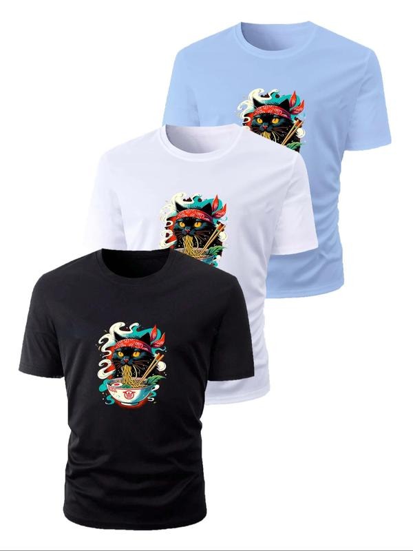 Men's Cartoon Cat Print Round Neck Tee, Regular Fit Casual Short Sleeve Crew Neck T-Shirt for Summer, Men's Top for Daily...