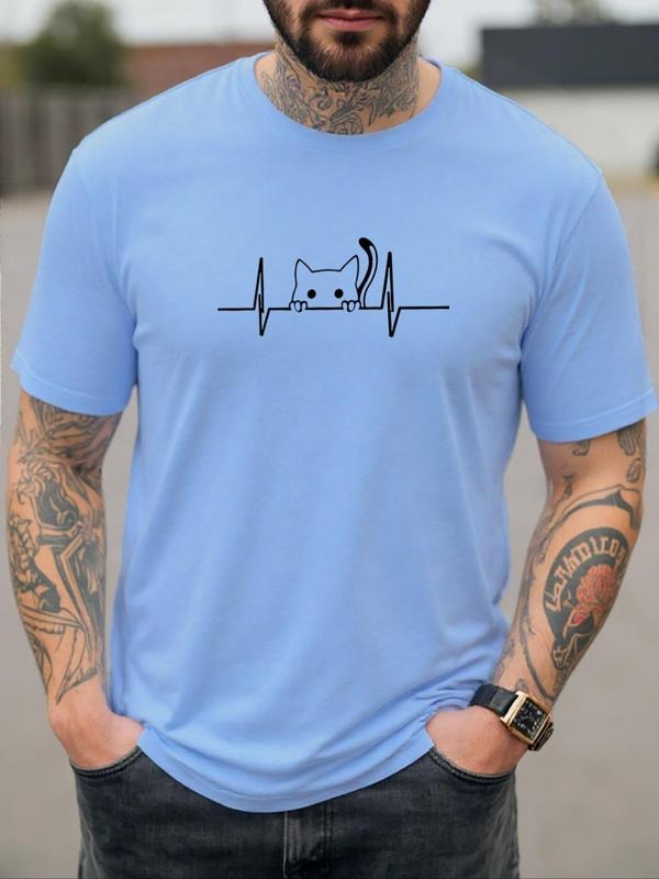 Men's Cartoon Cat Print Round Neck Tee, Regular Fit Casual Short Sleeve T-shirt for Daily Wear, Men's Top for All Seasons...
