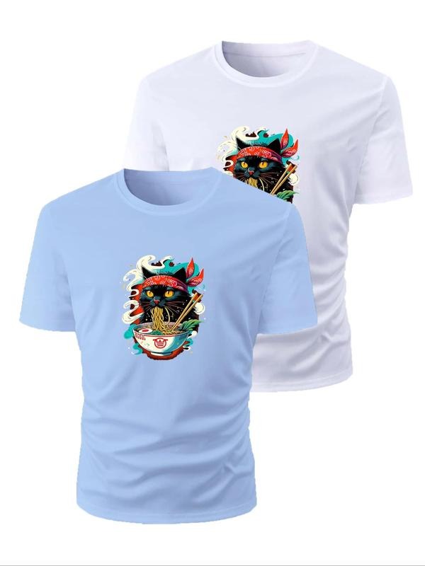 Men's Cartoon Cat Print Round Neck Tee, Regular Fit Casual Short Sleeve T-shirt for Daily Wear, Men's Top for Summer...