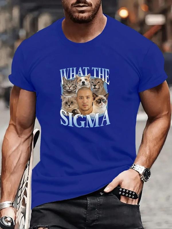 Men's Cartoon Cat Print Round Neck Tee, Regular Fit Casual Short Sleeve T-shirt, Men's Summer Top for Daily Wear,...