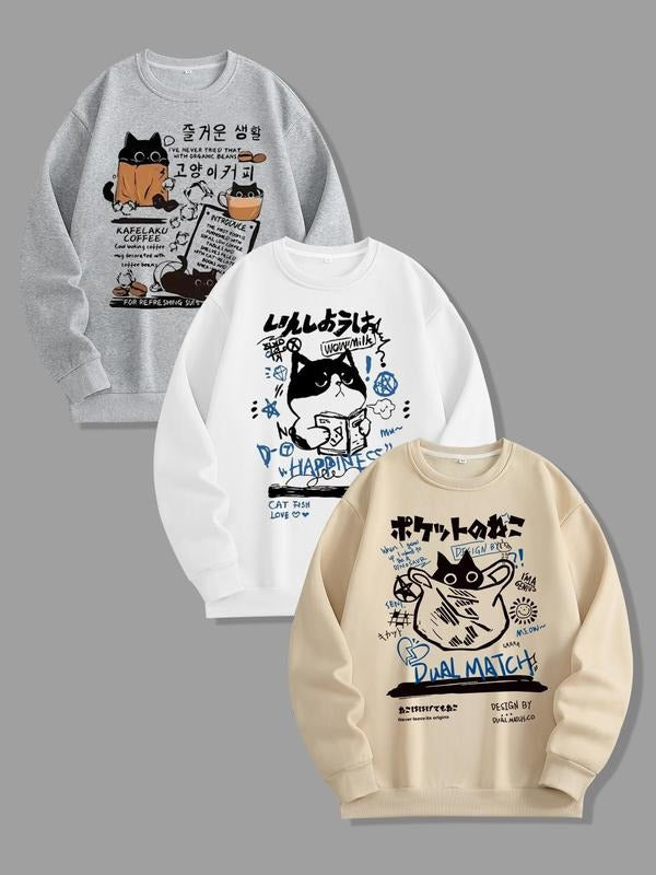 Men's Cartoon Cat Print Round Neck Thermal Lined Sweatshirt, Regular Fit Casual Long Sleeve Pullover for Fall & Winter,...