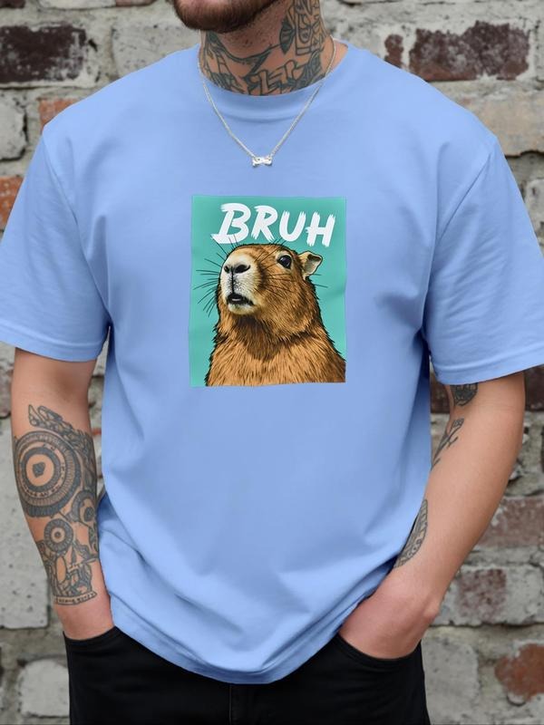 Men's Cartoon Chipmunk & Letter Print Round Neck Tee, Regular Fit Casual Short Sleeve Crew Neck T-Shirt for Daily Wear,...