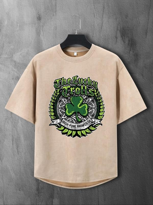 Men's Cartoon Clover & Letter Print Round Neck Tee, Loose Casual Short Sleeve T-shirt for Summer, Men's Top for Daily...