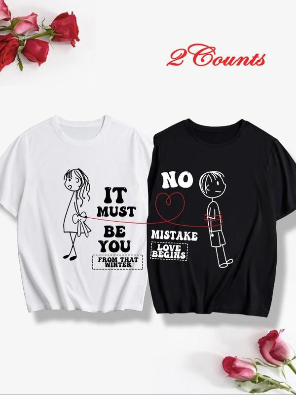 Men's Cartoon Couple Print Round Neck Tee, Casual Fashion Short Sleeve T-shirt for Summer, Men's Top for Daily Wear...
