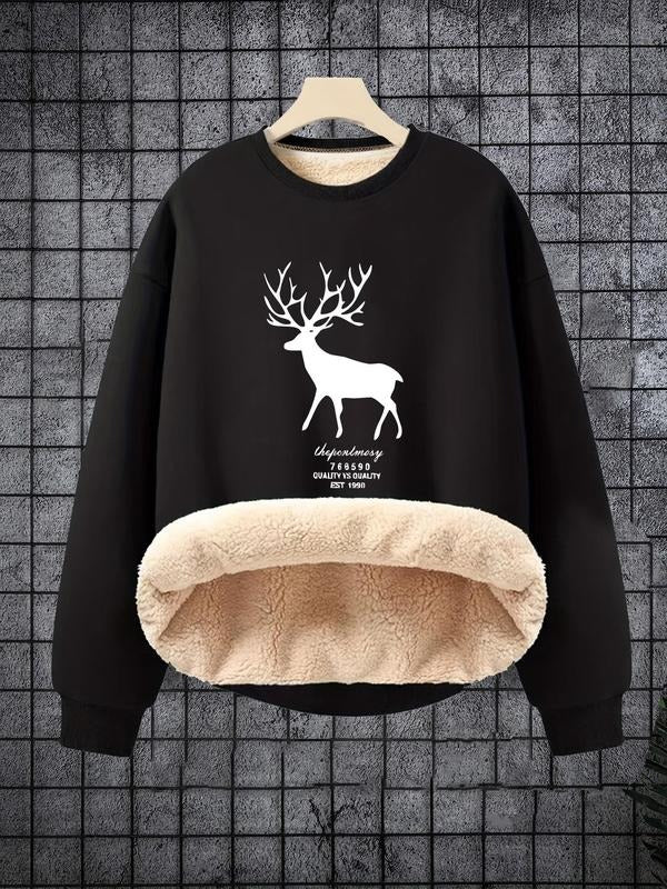 Men's Cartoon Deer & Letter Print Drop Shoulder Sweatshirt, Regular Fit Casual Soft Comfy Long Sleeve Round Neck Pullover...