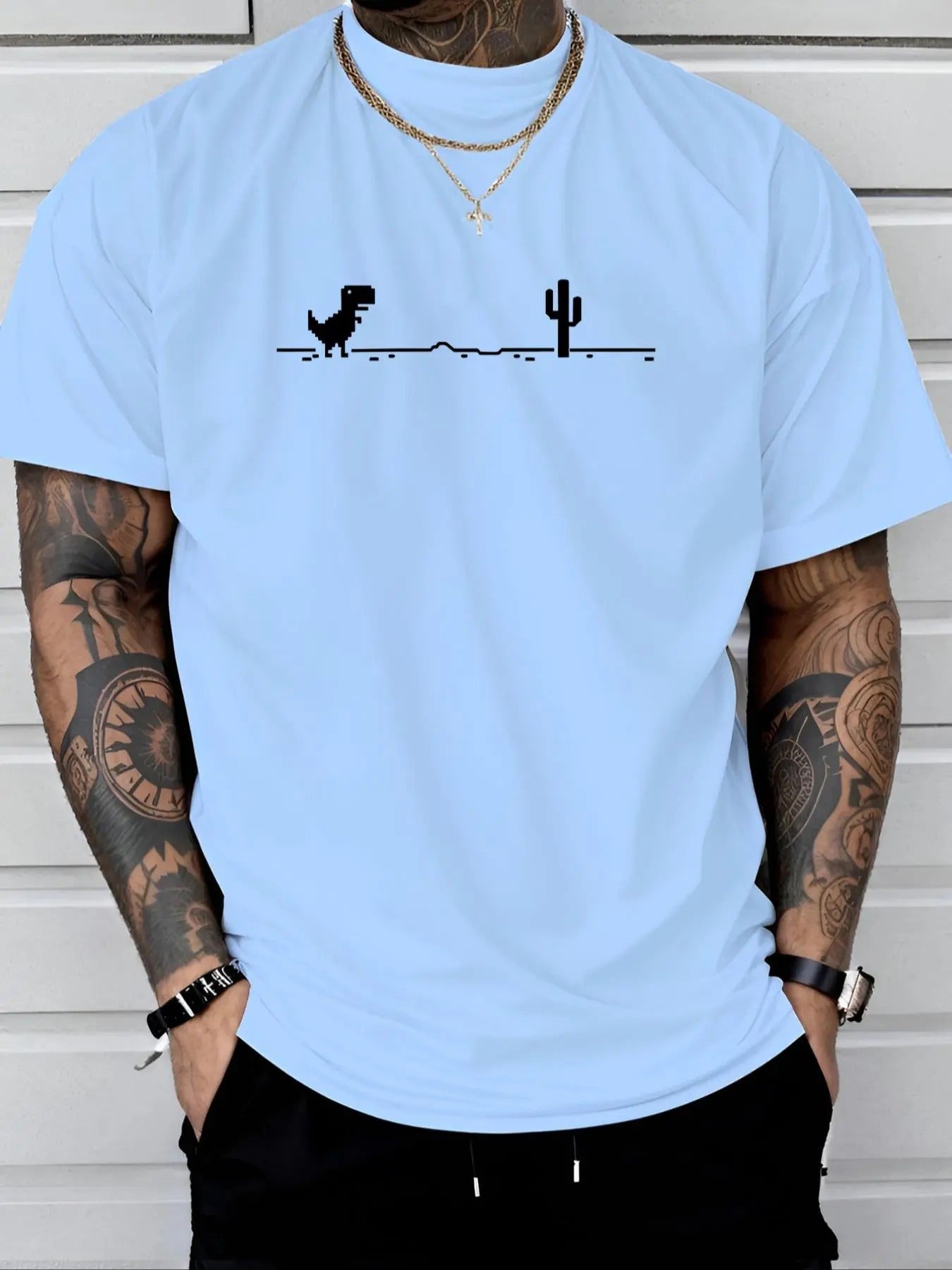 Men's Cartoon Dinosaur & Cactus  Print Round Neck Tee, Regular Fit Casual Comfortable Breathable Short Sleeve Crew Neck...