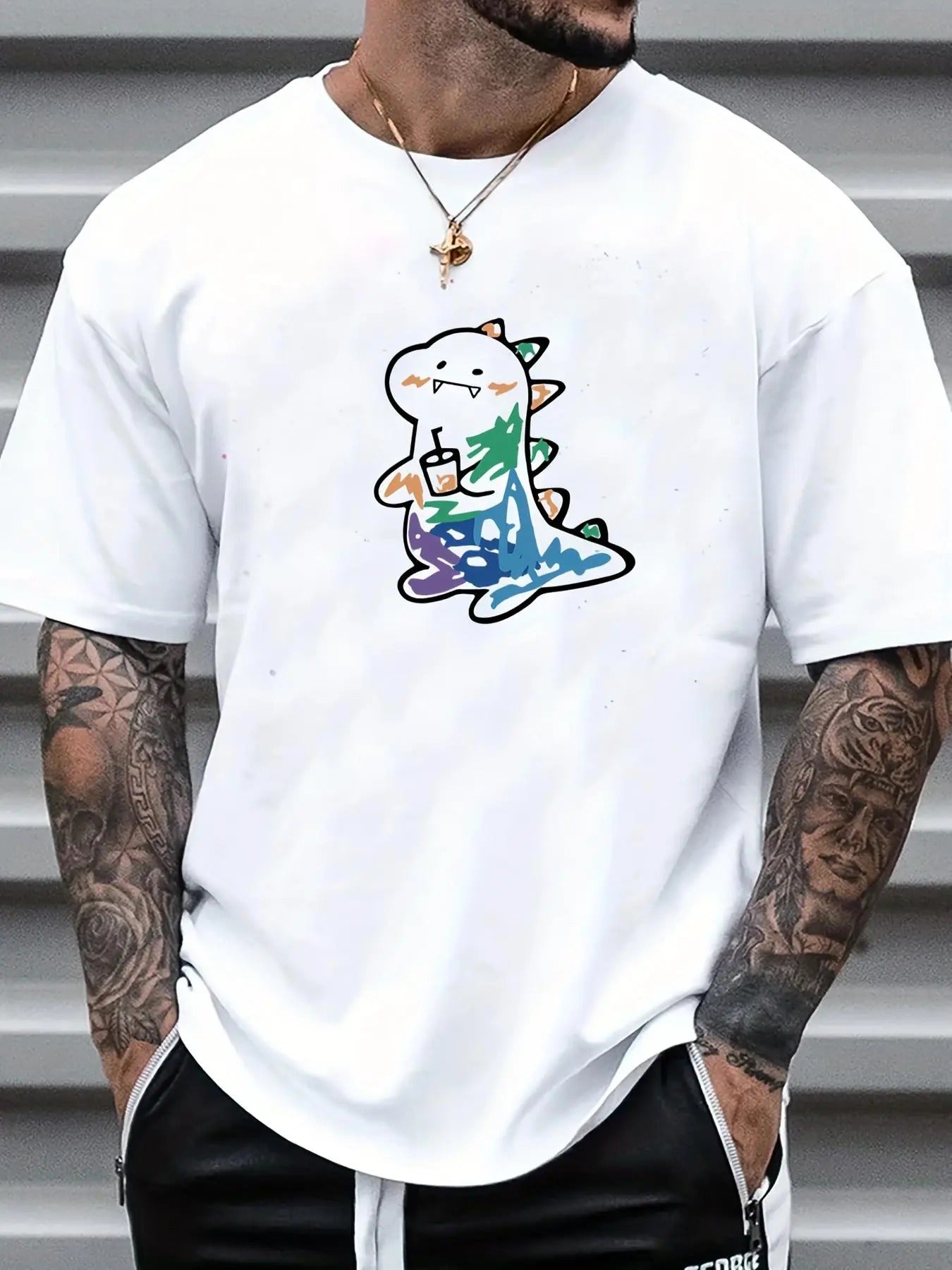 Men's Cartoon Dinosaur Print Drop Shoulder Tee, Regular Fit Casual Comfy Short Sleeve Round Neck T-shirt for Daily Wear,...