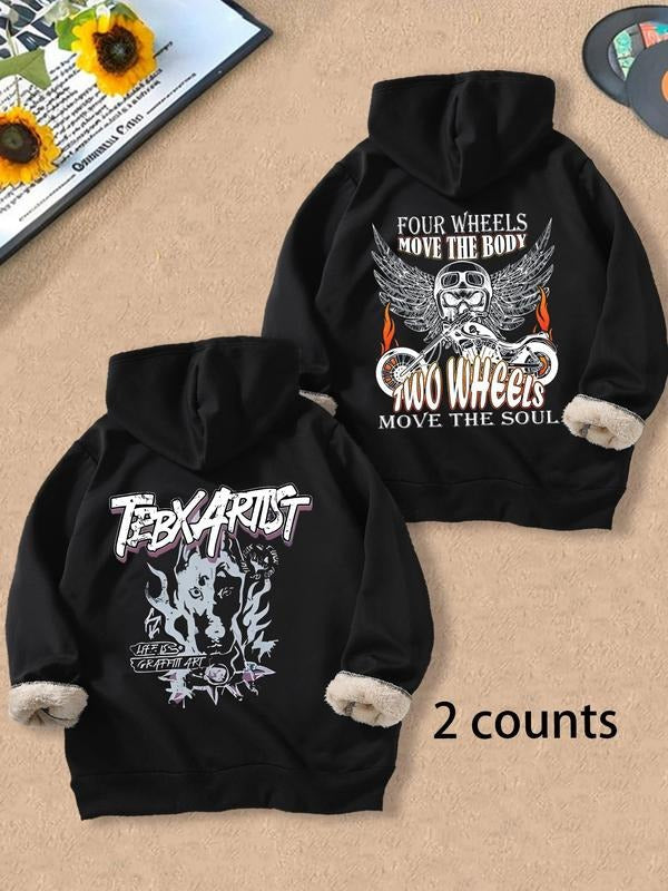Men's Cartoon Dog & Skull Wing Print Hoodie, Casual Regular Fit Graphic Hooded Sweatshirt for Fall & Winter, Men's Top...