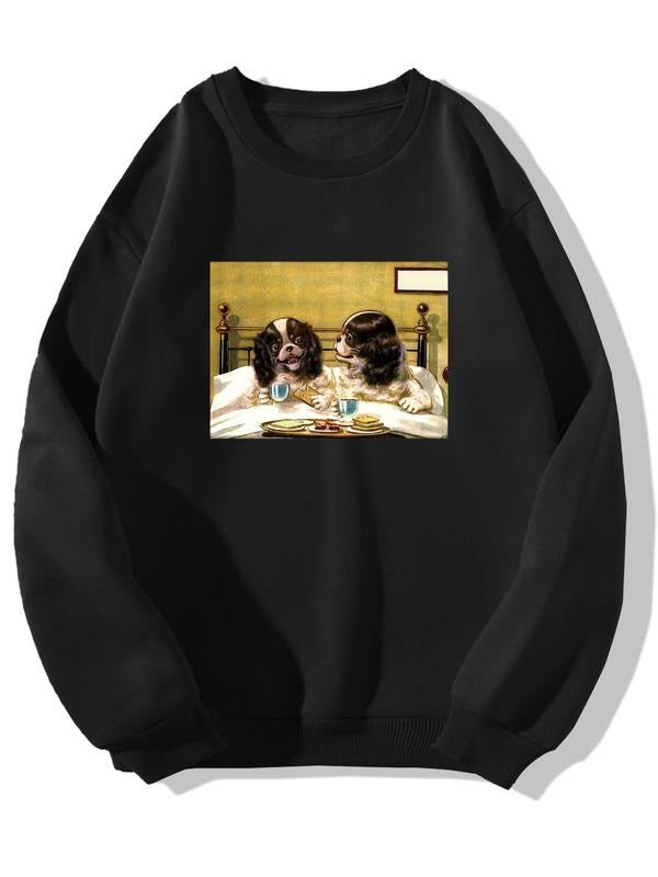Men's Cartoon Dog Print Drop Shoulder Sweatshirt, Regular Fit Casual Long Sleeve Round Neck Pullover for Fall & Winter,...