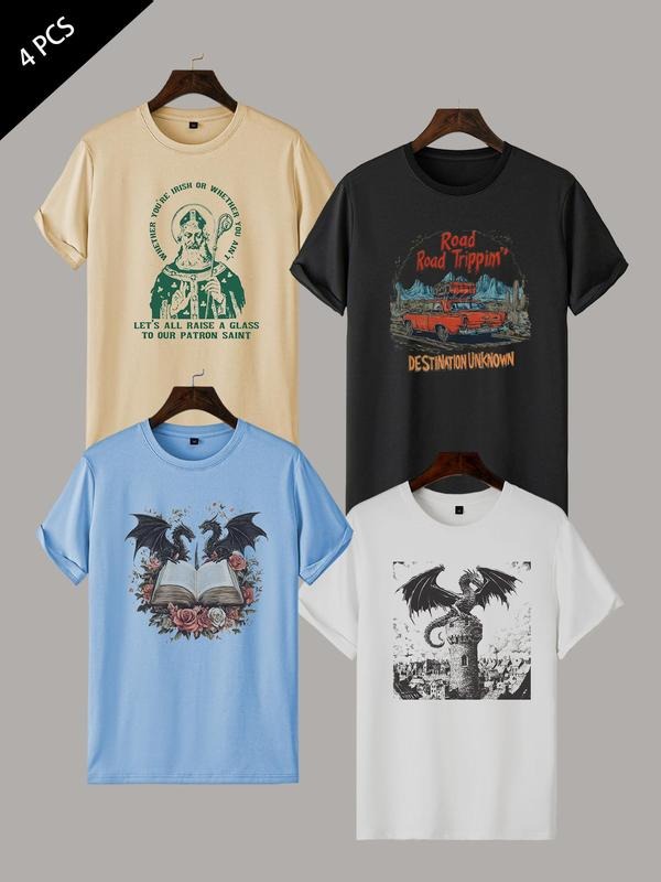 Men's Cartoon Dragon & Letter Print Round Neck Tee, Regular Fit Casual Graphic Short Sleeve T-Shirt for Summer, Men's Top...