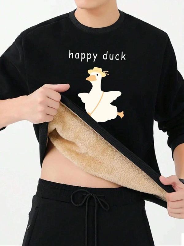 Men's Cartoon Duck & Letter Print Drop Shoulder Sweatshirt, Casual Regular Fit Long Sleeve Round Neck Pullover for Fall &...
