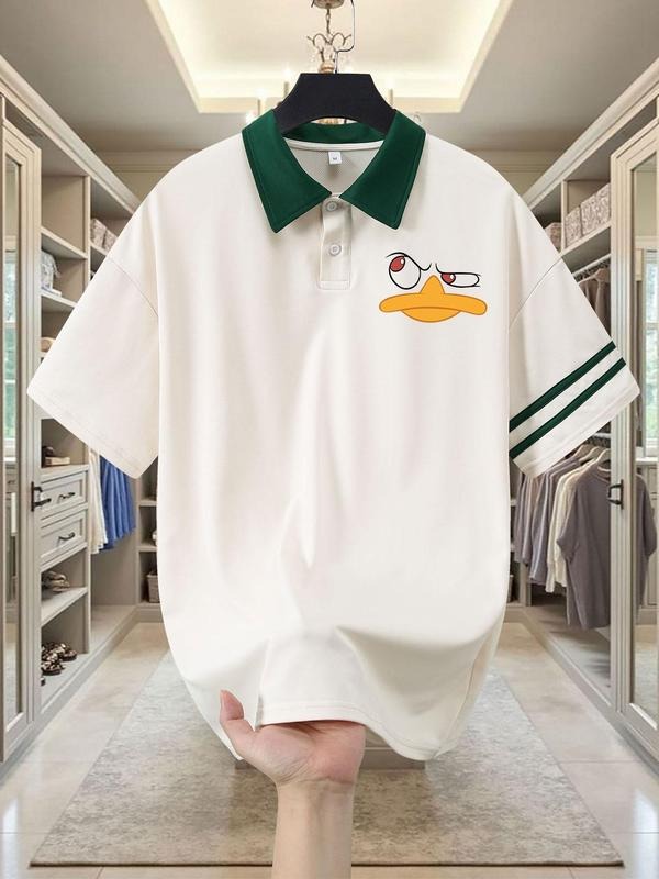 Men's Cartoon Duck Print Polo Shirt, Regular Fit Casual Short Sleeve Top for Summer, Men's Clothes for Daily Wear,...