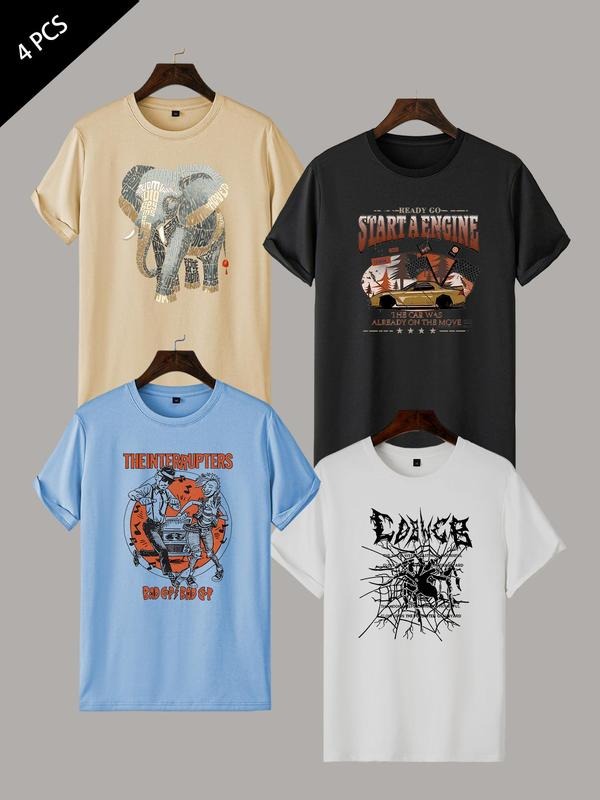 Men's Cartoon Elephant & Letter Print Round Neck Tee, Regular Fit Casual Short Sleeve T-shirt for Summer, Men's Top for...