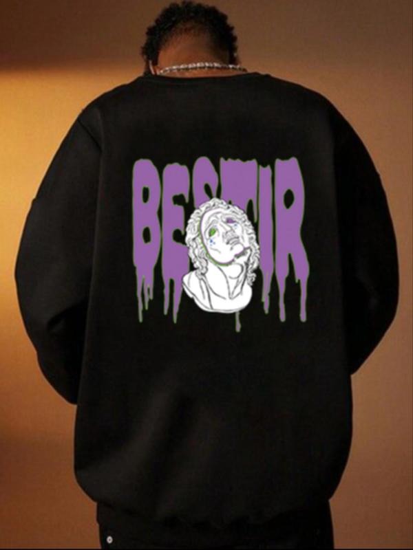 Men's Cartoon Face & Letter Print Drop Shoulder Warm Sweatshirt, Regular Fit Casual Soft Comfy Long Sleeve Round Neck...