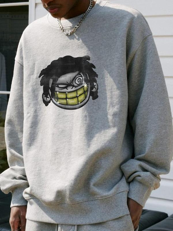 Men's Cartoon Face Print Drop Shoulder Sweatshirt, Regular Fit Casual Soft Comfy Long Sleeve Round Neck Pullover for Fall...