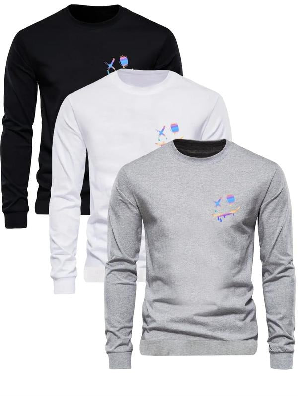Men's Cartoon Face Print Round Neck Sweatshirt, Regular Fit Casual Long Sleeve Pullover for Fall & Winter, Men's Clothes...