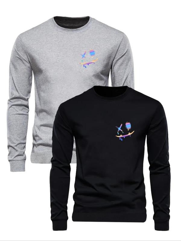 Men's Cartoon Face Print Round Neck Sweatshirt, Regular Fit Casual Long Sleeve Pullover for Fall & Winter, Men's Clothes...