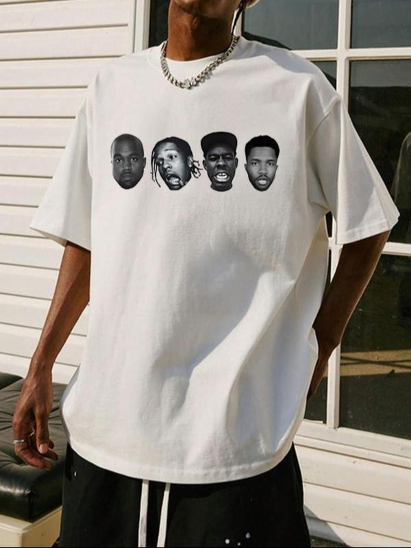 Men's Cartoon Face Print Short Sleeve Tee, Regular Fit Casual Fashion Round Neck T-shirt for Summer, Men's Top for Daily...