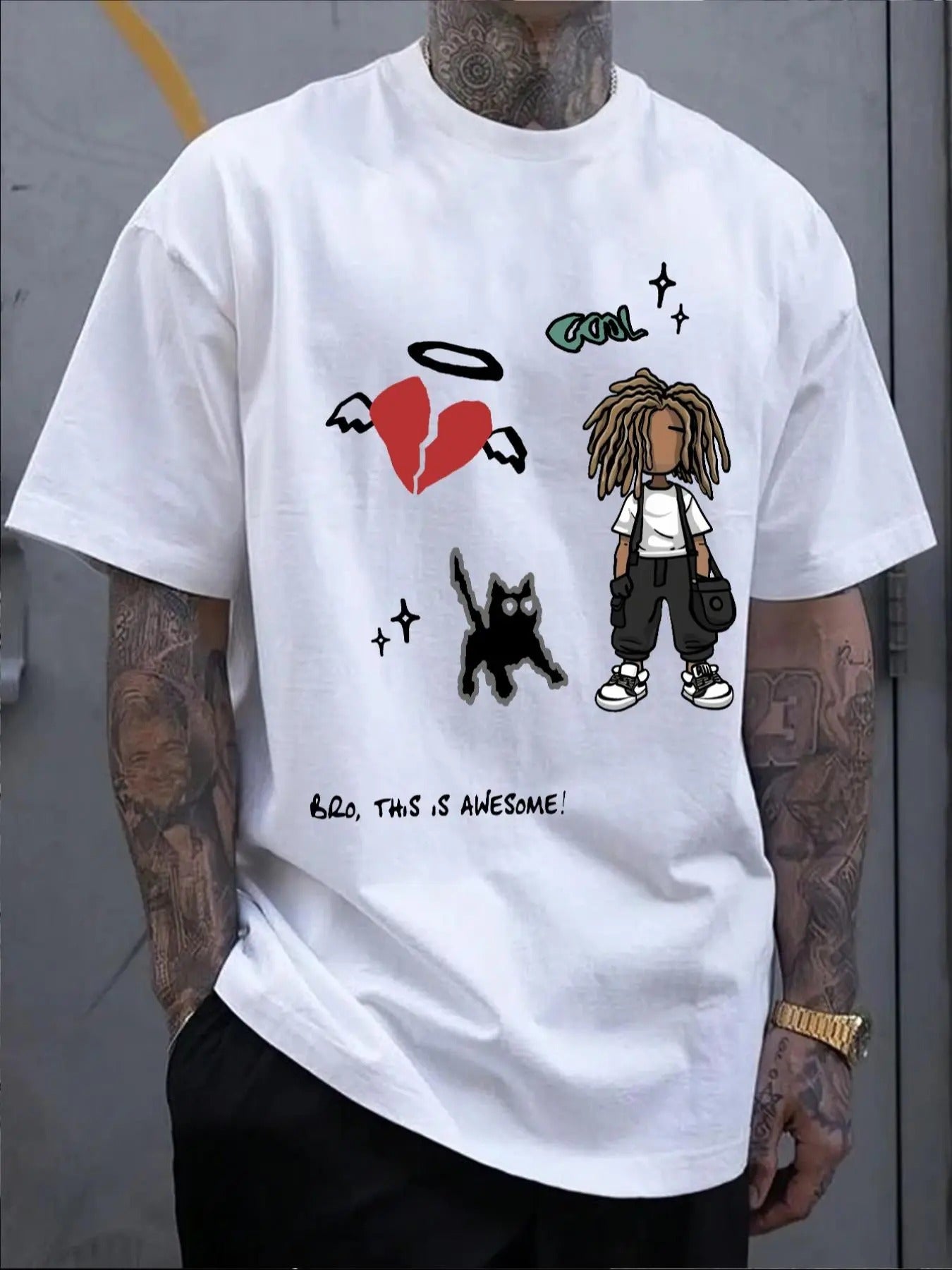 Men's Cartoon Figure & Letter Print Round Neck Tee, Loose Casual Short Sleeve T-shirt for Summer, Men's Top for Daily...