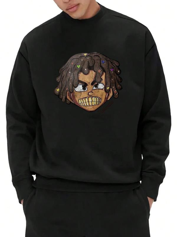 Men's Cartoon Figure Print Drop Shoulder Sweatshirt, Casual Regular Fit Long Sleeve Round Neck Pullover for Fall &...