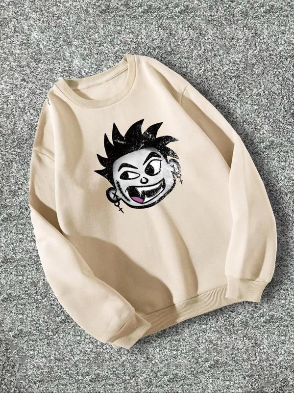 Men's Cartoon Figure Print Drop Shoulder Sweatshirt, Regular Fit Casual Long Sleeve Round Neck Pullover for Fall &...