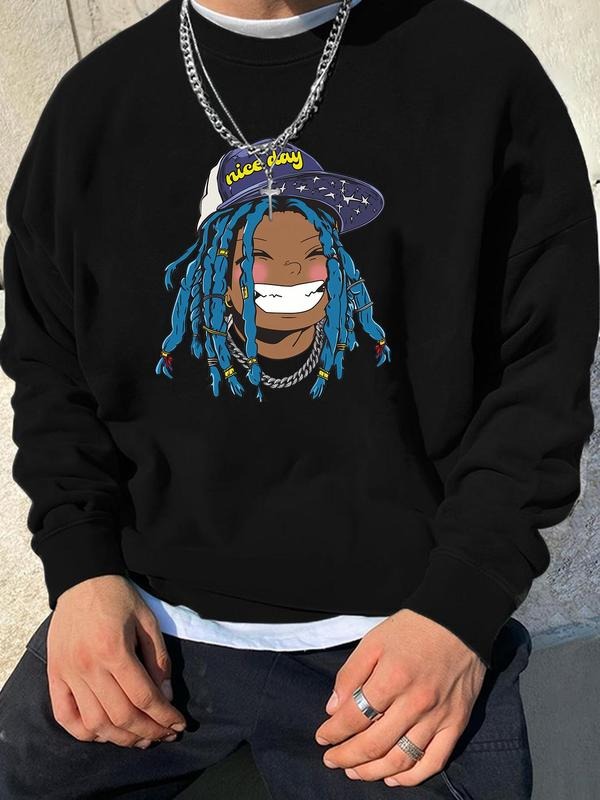 Men's Cartoon Figure Print Round Neck Sweatshirt, Regular Fit Casual Fashion Drop Shoulder Long Sleeve Pullover, Men's...
