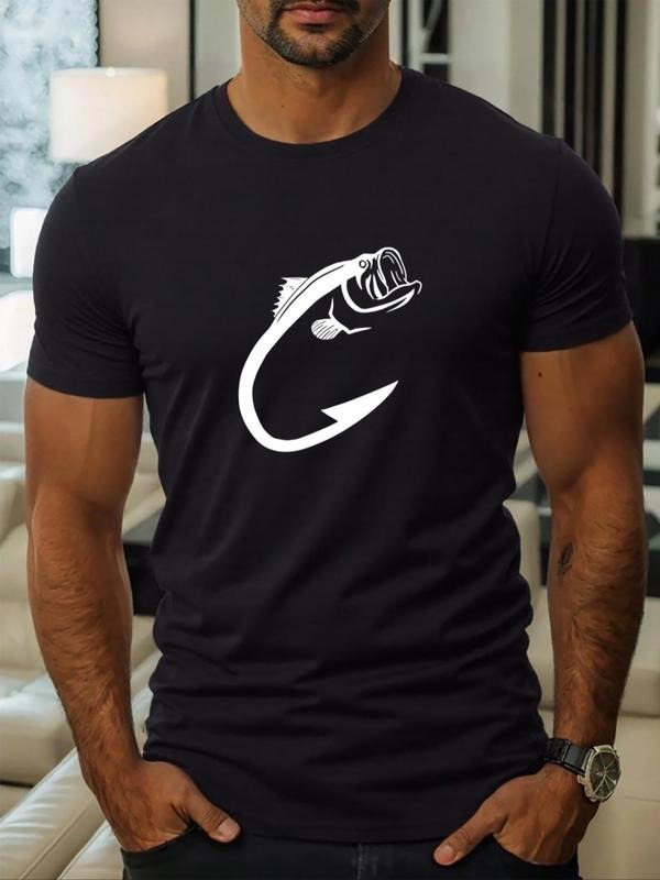 Men's Cartoon Fish Hook Print Round Neck Tee, Regular Fit Casual Short Sleeve T-shirt for Daily Wear, Men's Top for All...
