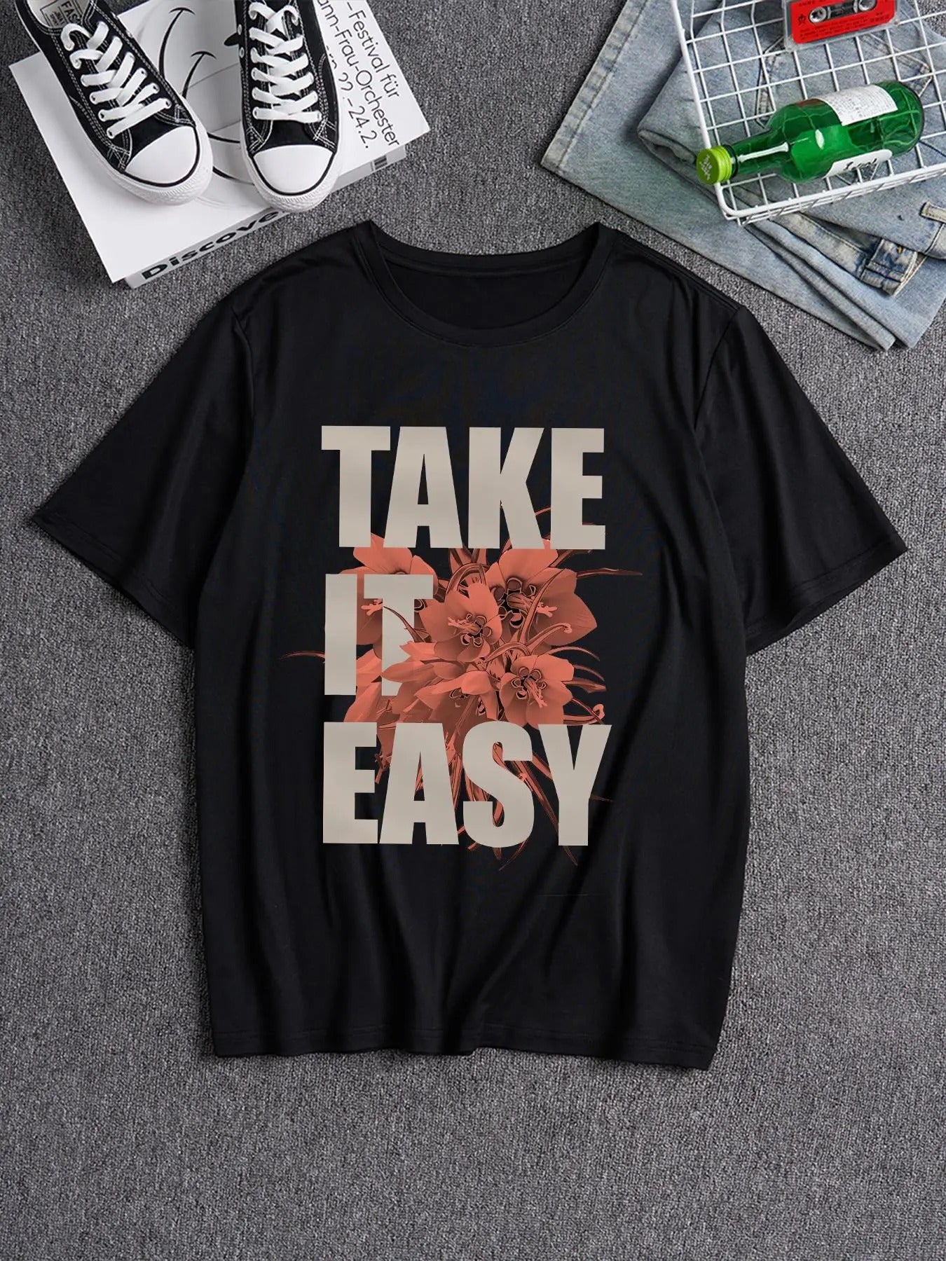 Men's Cartoon Floral & Letter Print Round Neck Tee, Loose Casual Fashion Soft Comfy Short Sleeve T-shirt for Summer,...