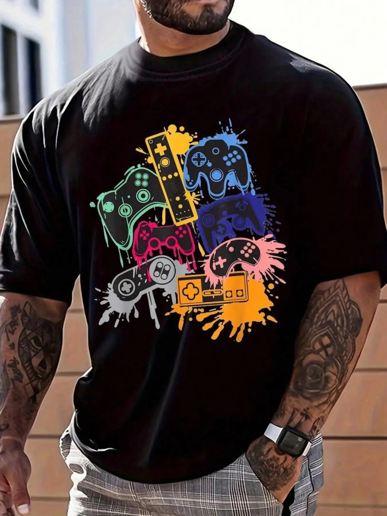 Men's Cartoon Game Controller Print Round Neck Tee, Regular Fit Casual Short Sleeve T-shirt, Men's Summer Top for Daily...