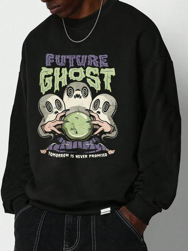 Men's Cartoon Ghost Print Drop Shoulder Thermal Lined Sweatshirt, Regular Fit Casual Street Soft Comfy Long Sleeve Round...
