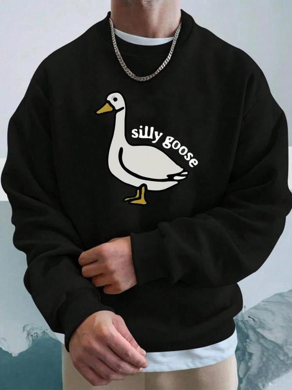 Men's Cartoon Goose & Letter Print Drop Shoulder Sweatshirt, Loose Casual Soft Comfy Long Sleeve Round Neck Pullover for...