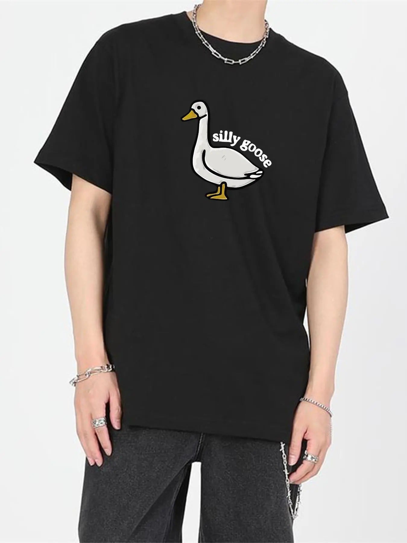 Men's Cartoon Goose & Letter Print Short Sleeve Tee, Casual Loose Round Neck T-shirt for Daily Wear, Menswear for All...