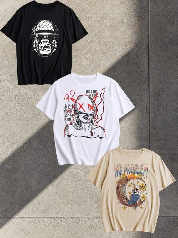 Men's Cartoon Gorilla Print Round Neck Tee, Loose Casual Fashion Short Sleeve T-shirt for Summer, Men's Top for Daily...