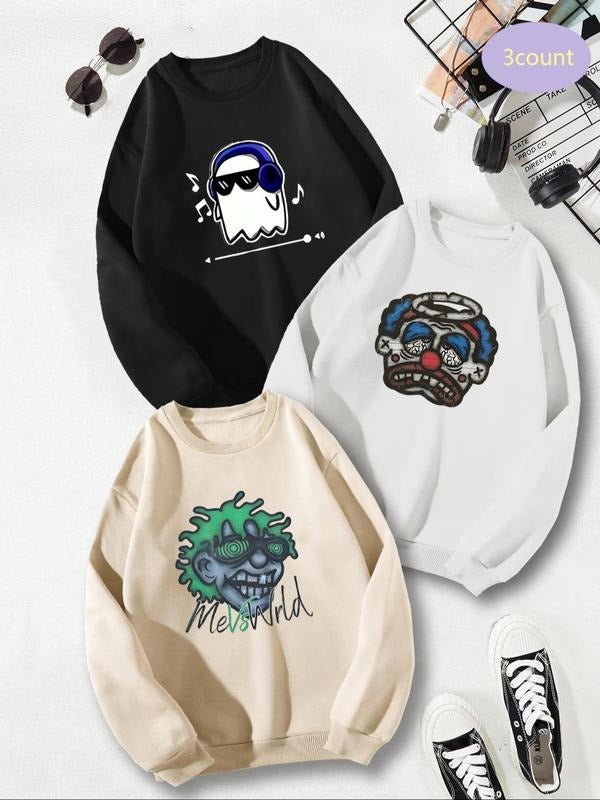 Men's Cartoon Graphic Print Round Neck Sweatshirt, Regular Fit Casual Fashion Drop Shoulder Long Sleeve Pullover, Men's...