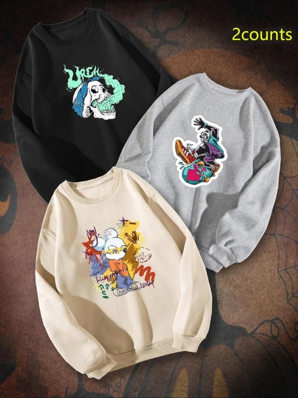 Men's Cartoon Graphic Print Round Neck Sweatshirt, Regular Fit Casual Fashion Drop Shoulder Long Sleeve Pullover, Men's...