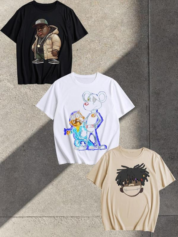 Men's Cartoon Graphic Print Round Neck Tee, Loose Casual Fashion Short Sleeve T-shirt, Men's Summer Clothes for Daily...