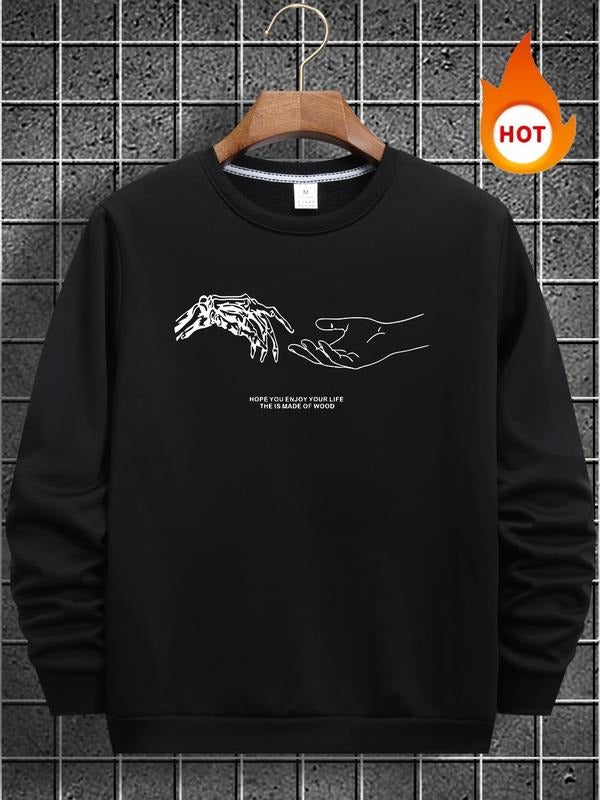 Men's Cartoon Hand & Letter Print Round Neck Sweatshirt, Regular Fit Casual Long Sleeve Pullover for Fall & Winter, Men's...