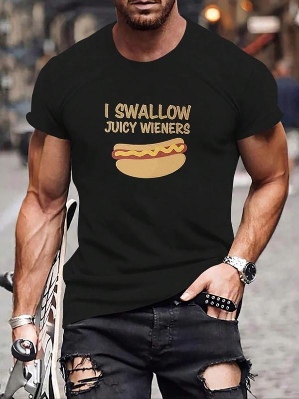Men's Cartoon Hot Dog & Letter Print Round Neck Tee, Regular Fit Casual Short Sleeve T-shirt for Summer, Men's Top for...