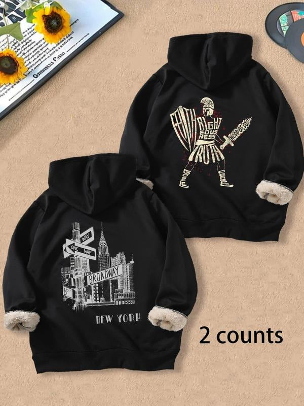 Men's Cartoon Knight & City Print Thermal Lined Hoodie, Casual Regular Fit Long Sleeve Hooded Sweatshirt for Fall &...
