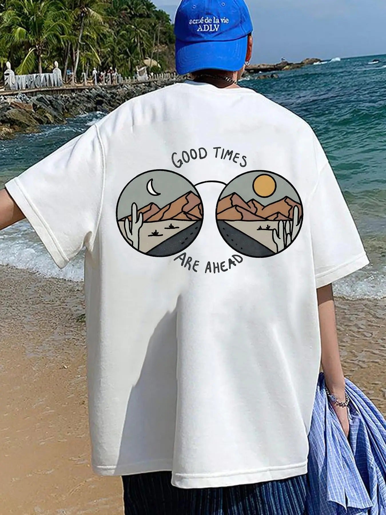 Men's Cartoon Landscape Print Drop Shoulder Tee, Loose Casual Comfy Round Neck Half Sleeve T-Shirt for Summer, Fashion...