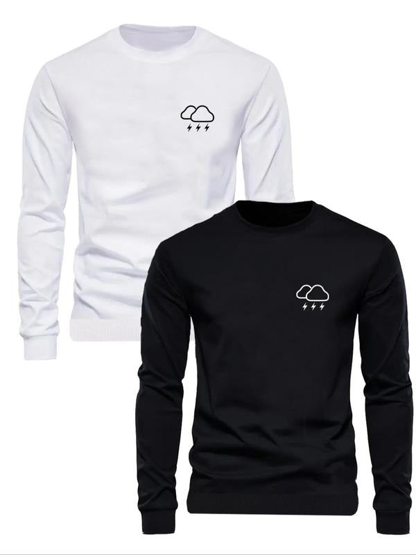 Men's Cartoon Lightning & Cloud Print Round Neck Sweatshirt, Regular Fit Casual Long Sleeve Pullover for Fall & Winter,...