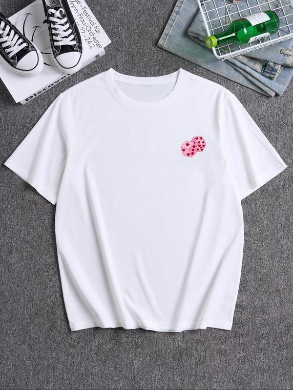 Men's Cartoon Love Dice Print Drop Shoulder Crew Neck Tee, Loose Casual Comfy Short Sleeve Round Neck T-shirt for Summer,...