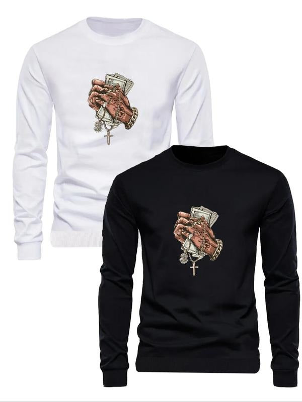 Men's Cartoon Money & Hand Print Long Sleeve Sweatshirt, Regular Fit Casual Round Neck Pullover for Fall & Winter, Men's...