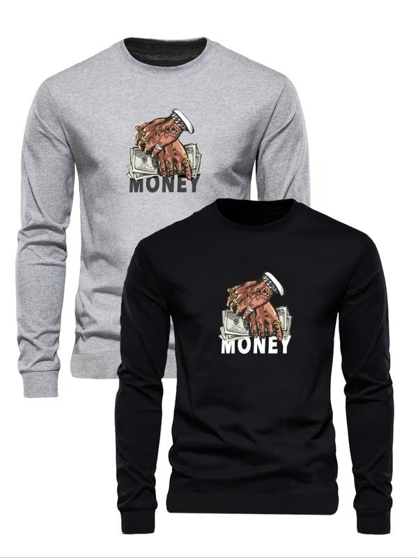 Men's Cartoon Money & Letters Print Round Neck Sweatshirt Set, Regular Fit Casual Long Sleeve Pullover for Fall & Winter,...